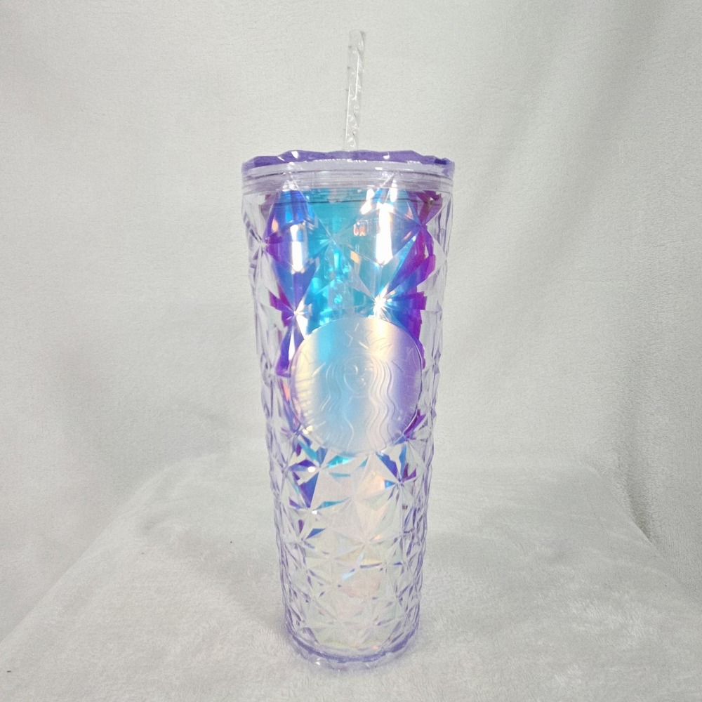 Starbucks Tumbler 24oz Purple Iridescent‎ Geometric Cold Cup Plastic W/ Straw
